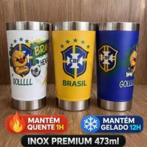 Copo Termico 473ml Personalizado Brasil Com Abridor integrado e Tampa – Tema Copa do Mundo