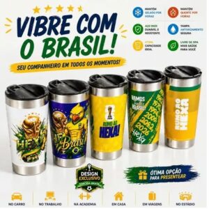 Copo Termico 473ml Personalizado Brasil Com Abridor integrado e Tampa – Tema Copa do Mundo