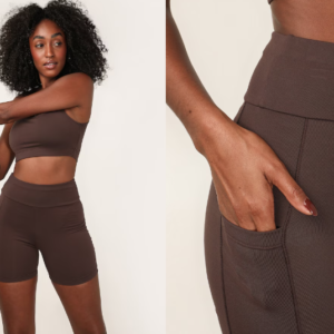 Bermuda esportiva feminina em poliamida com bolso PumpSync – Marrom Escuro | Body Work